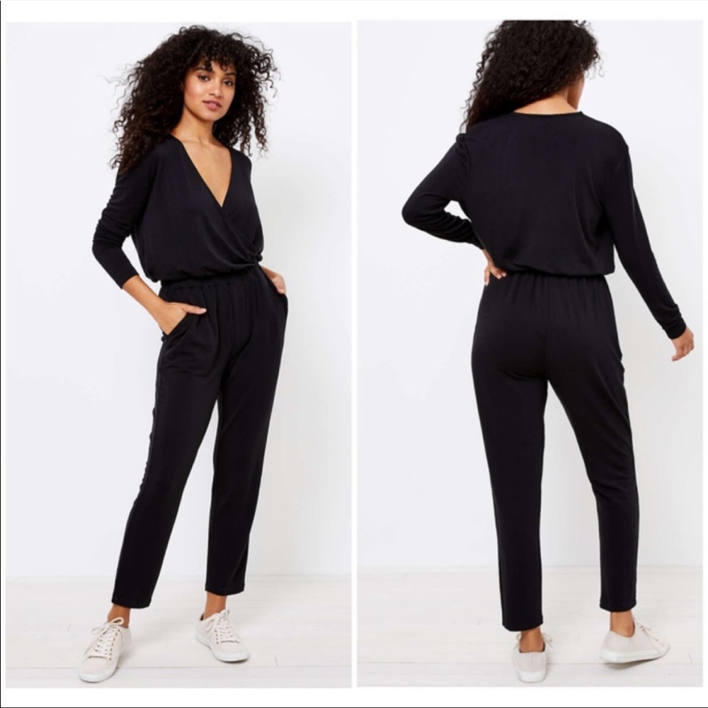 LOFT Black Long-Sleeve Wrap Jumpsuit